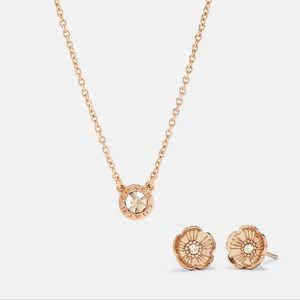 COACH Tea Rose Stud Earrings & Open Circle Necklace Jewelry Set🎁Christmas gift